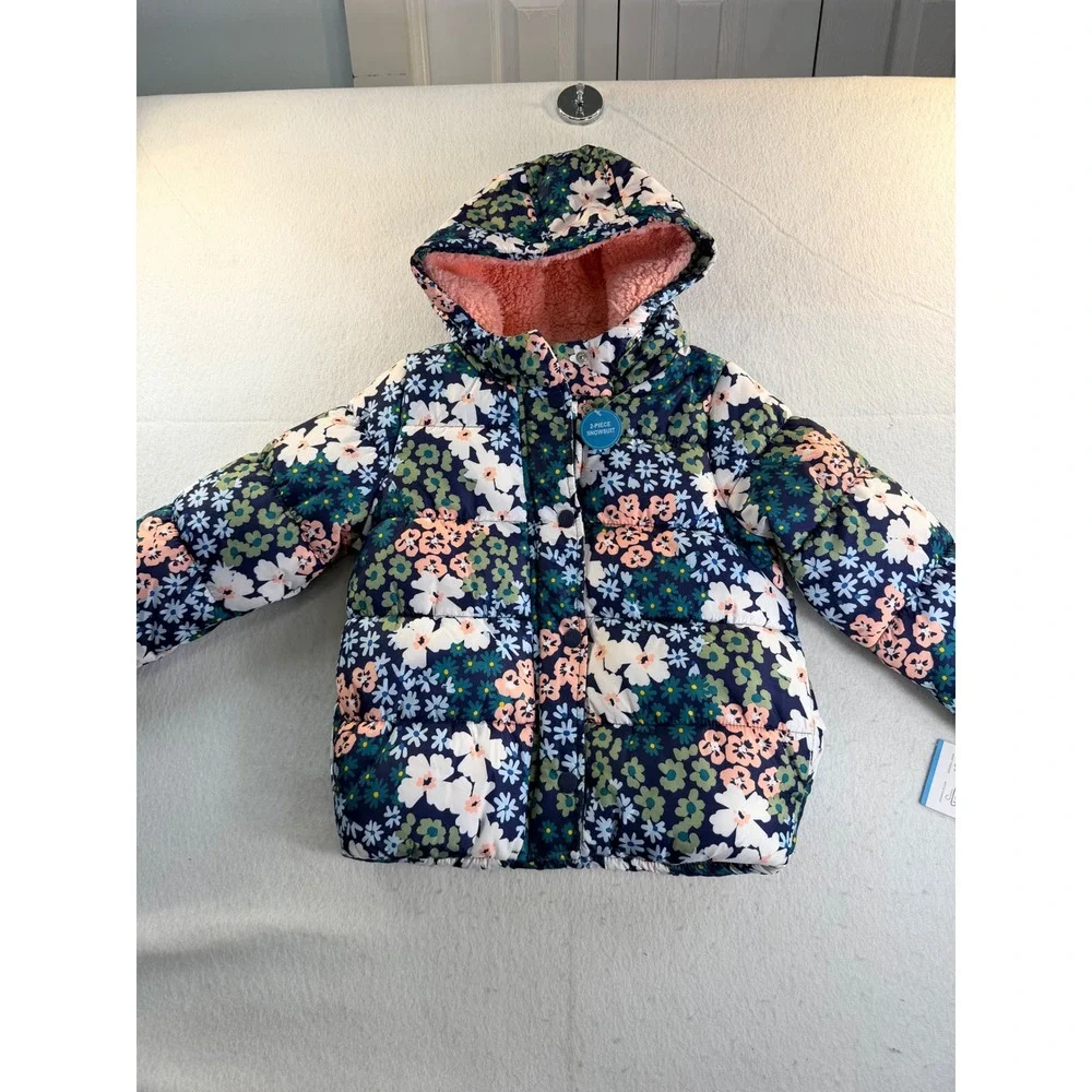 Carters Girls Navy Flora Floral Puffer Jacket Sherpa Hood 5T C2217S20-KO NWT